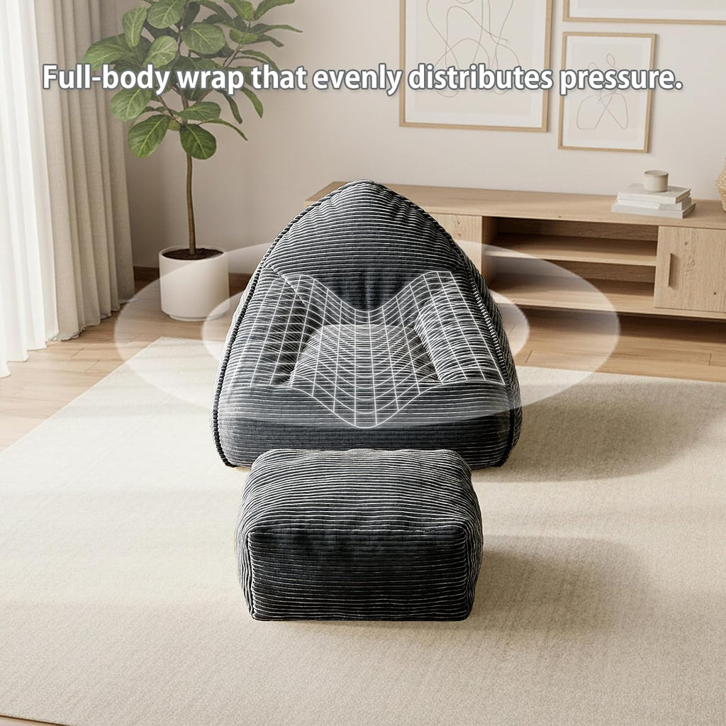 Bean Bag Chair with Ottoman, Bean Bag Sofa,Accent Chairs,Corduroy Fabric, Comfortable Reading Chairs for Living Room, Bedroom, Reading Nook,Modern Lounge Reclining Chair with Footrest (GRAY, Medium)