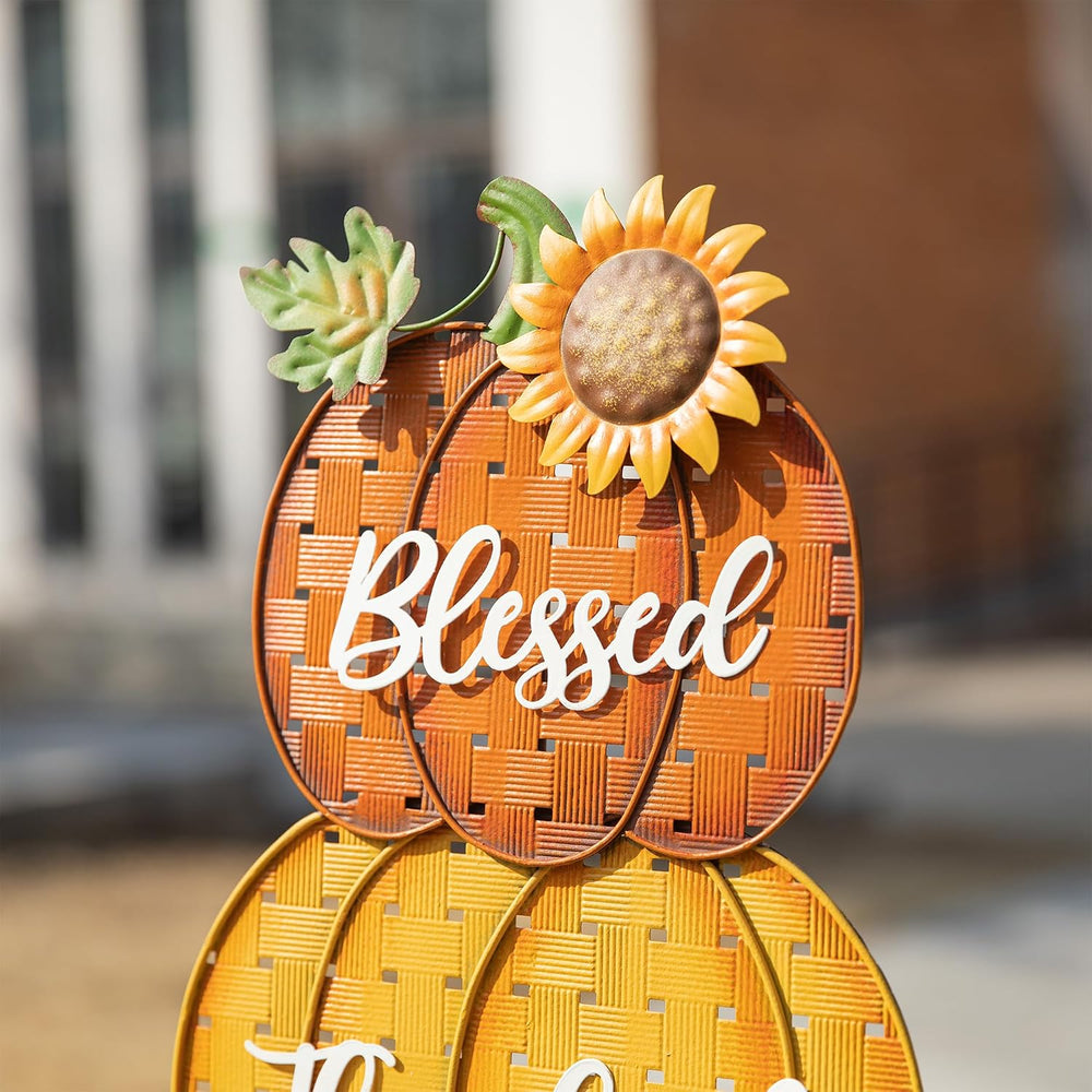 Glitzhome 35.5" H Fall Stacked Pumpkins Yard Stakes,Metal Thanksgiving S...