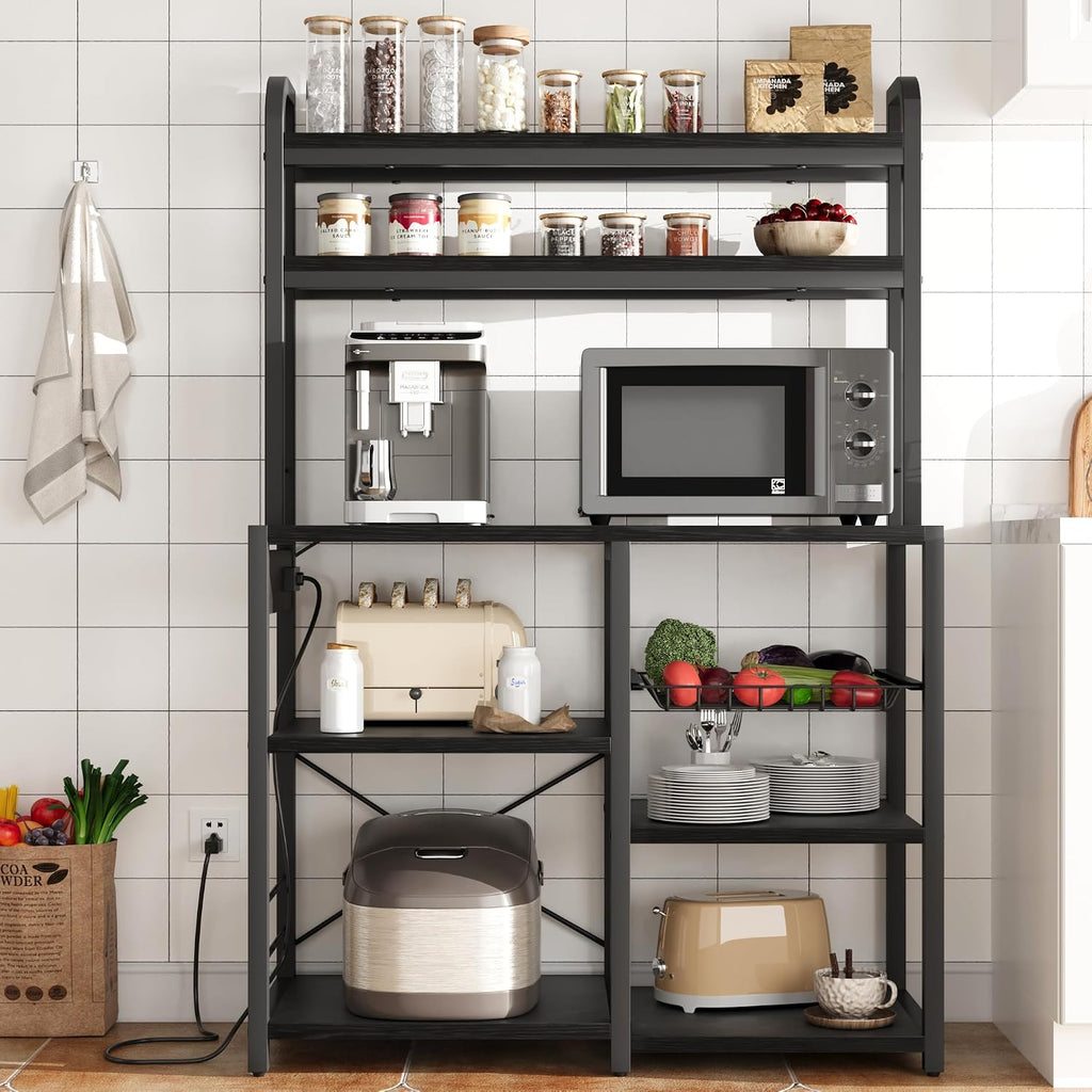 IDEALHOUSE Bakers Rack with Power Outlet, Coffee Bar with Wire Drawer, Industrial Microwave Stand, Kitchen Buffet Table with Large Storage, 6-Tier Kitchen Storage Rack with Hutch, Rustic Black