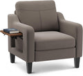 Accent Chair for Living Room Modern Linen Upholstered Armchair Side Wooden Fabric Sofa Chair with Foldable Table 2 Side Pockets Comfy Reading Chair for Bedroom