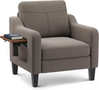 Accent Chair for Living Room Modern Linen Upholstered Armchair Side Wooden Fabric Sofa Chair with Foldable Table 2 Side Pockets Comfy Reading Chair for Bedroom