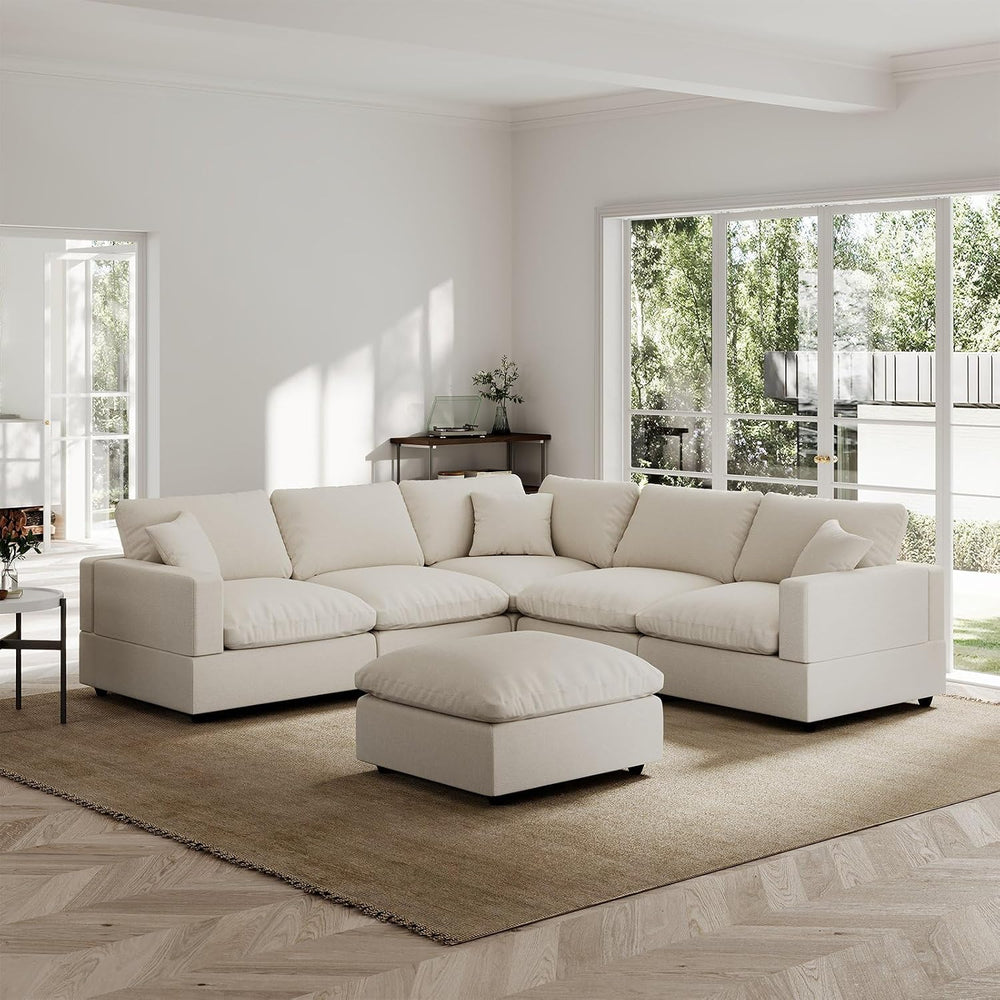 Modern Sectional Linen Couch for Living Room V Shape Sofas,5 Seat with Ottoma...