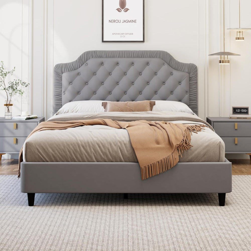 King Size Upholstered Bed with Ruched and Button Tufted Headboard, No Box Spr...