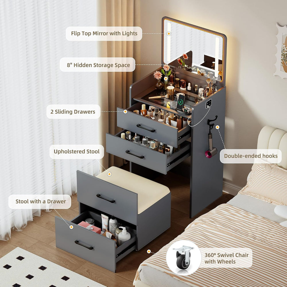 Lvifur 3 in 1 Vanity with Mirror and Sensor Lights,Charging Station,Grey | Gl...