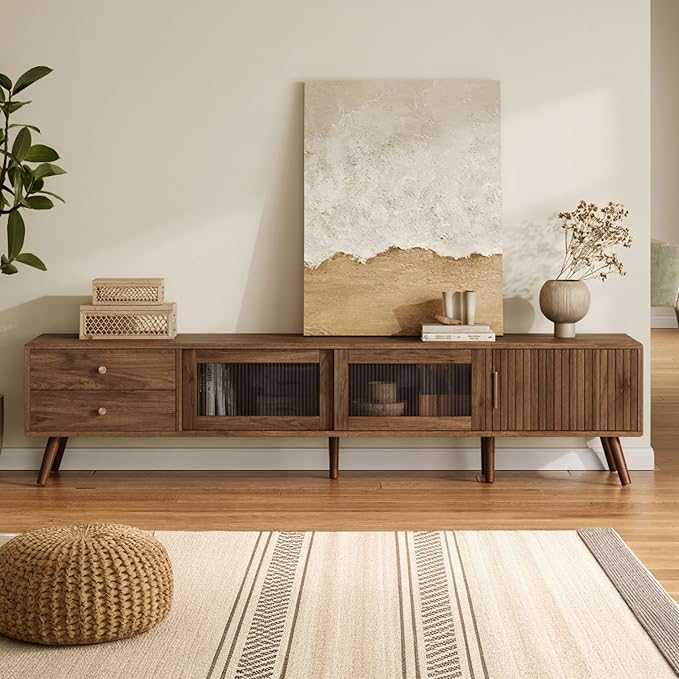 Marzzi Mid-Century Modern TV Stand for 85 inches TV, 76" Media Console with Fluted Cabinet Door, Sliding Glass Doors, and 2 Drawers, Entertainment Center with Storage, Solid Wood Legs