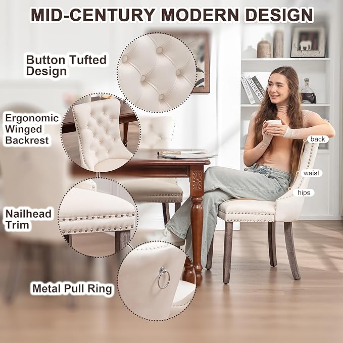 Kiztir Velvet Dining Chairs Set of 4, Upholstered Dining Room Chairs with Ring Pull Trim and Button Back, Luxury Tufted Dining Chair for Living Room, Bedroom, Kitchen (Beige)