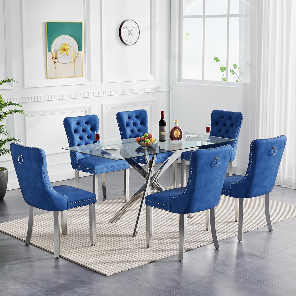 Glass Dining Table Set for 6, Modern Kitchen Table and Chairs Set of 6, 7-Pie...