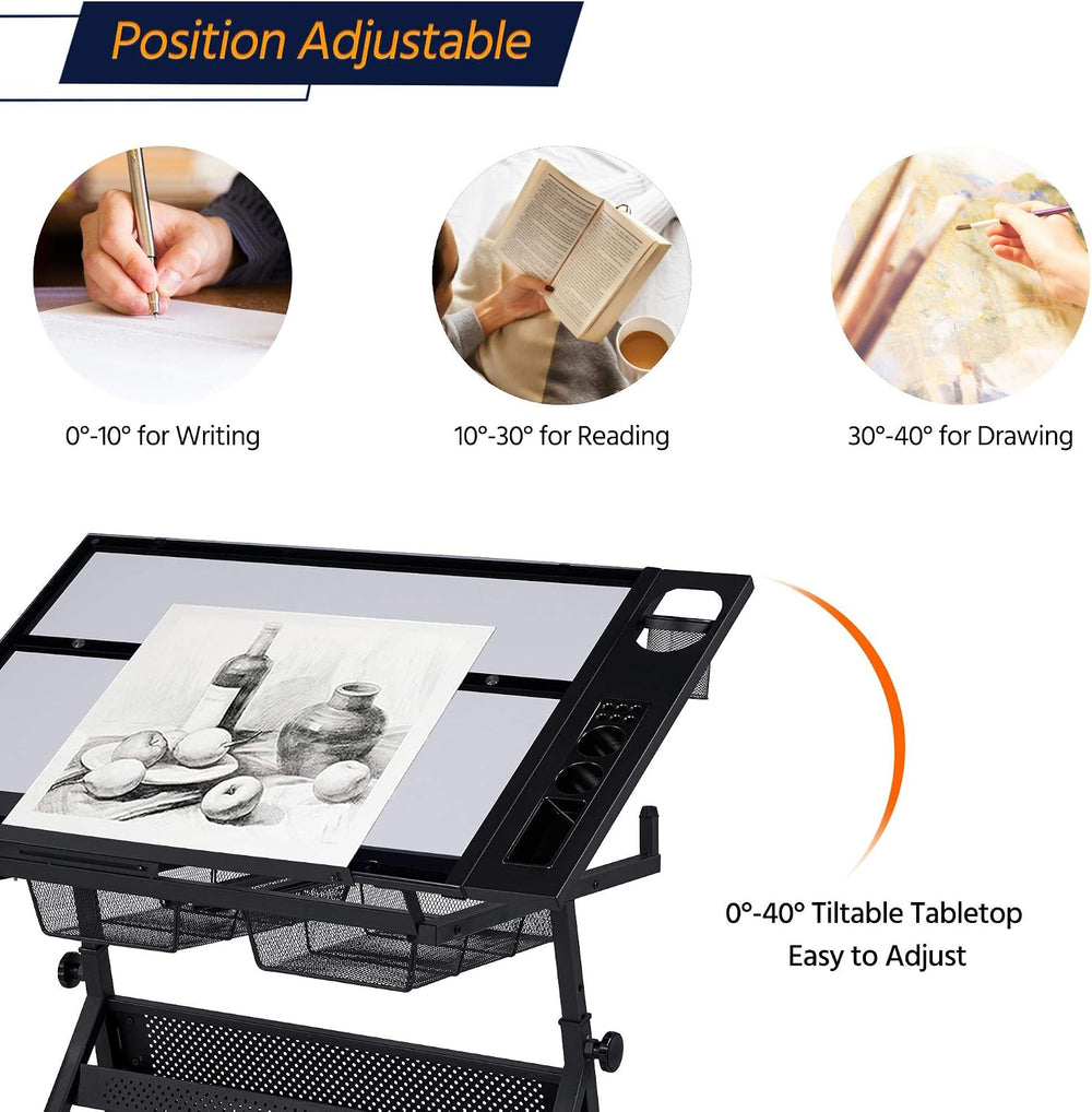 Yaheetech Adjustable Drafting Table & Stool, Tilting Glass Art Desk, Blac...