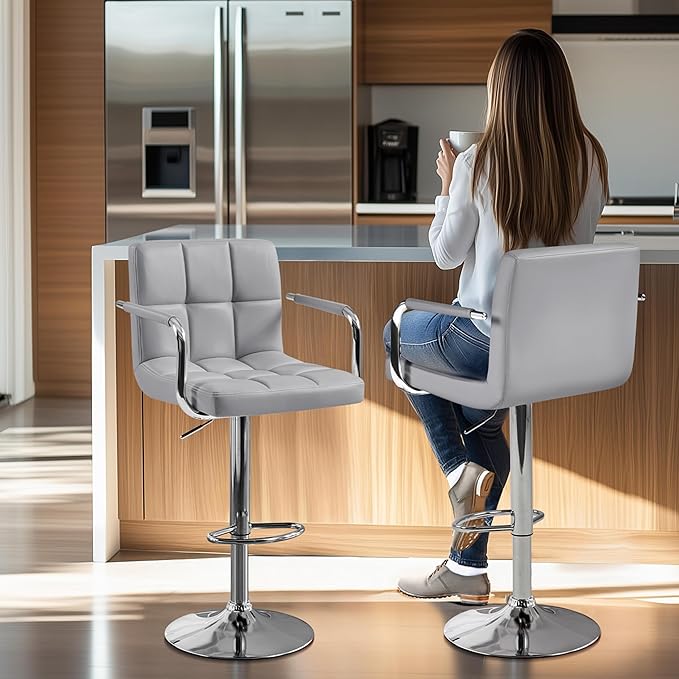 Yaheetech Bart Stools Set of 4, PU Leather Adjustable Barstools with Armrest, Counter Height Stool Chairs with Thickened Seat Cushion for Kitchen Island, Light Grey