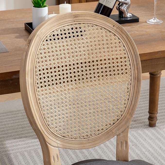 French Country Dining Chairs Set of 4,Farmhouse Upholstered Dining Room Chairs with Round Back and Solid Leg,Rattan Kitchen Chairs for Kitchen/Bedroom/Dining Room,Gray