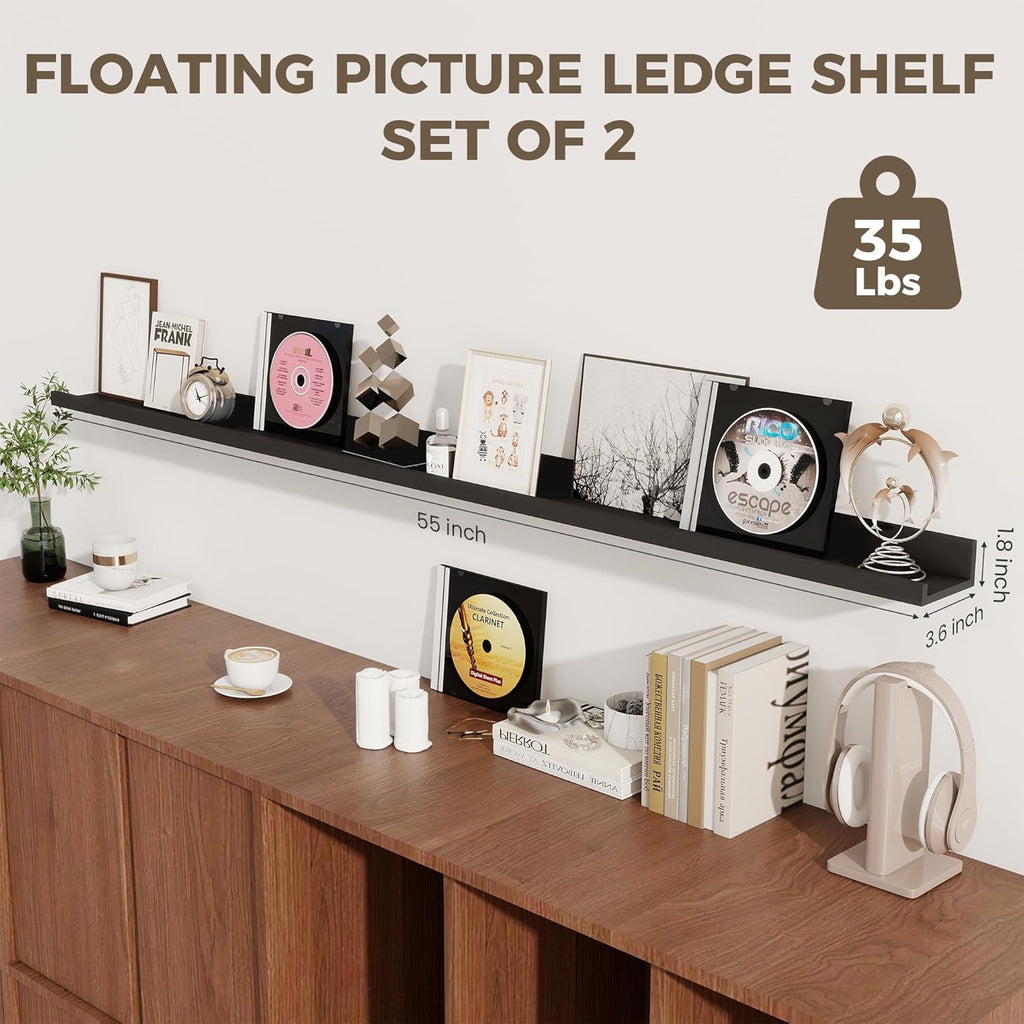Axeman Black Floating Shelves - 55 Inch Picture Ledge Shelf Set of 2 - Black Wall Shelves with Lip - Picture Shelf for Wall with Ledge - Photo Ledges Nursery Bookshelf