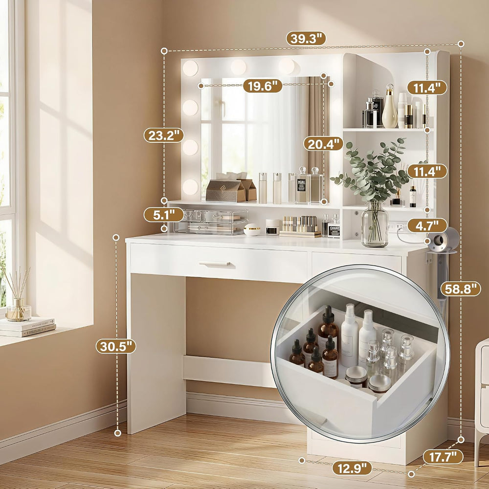 YESHOMY 39 Inch Vanity Desk with Mirror and LED Lights, Modern White | Makeup...