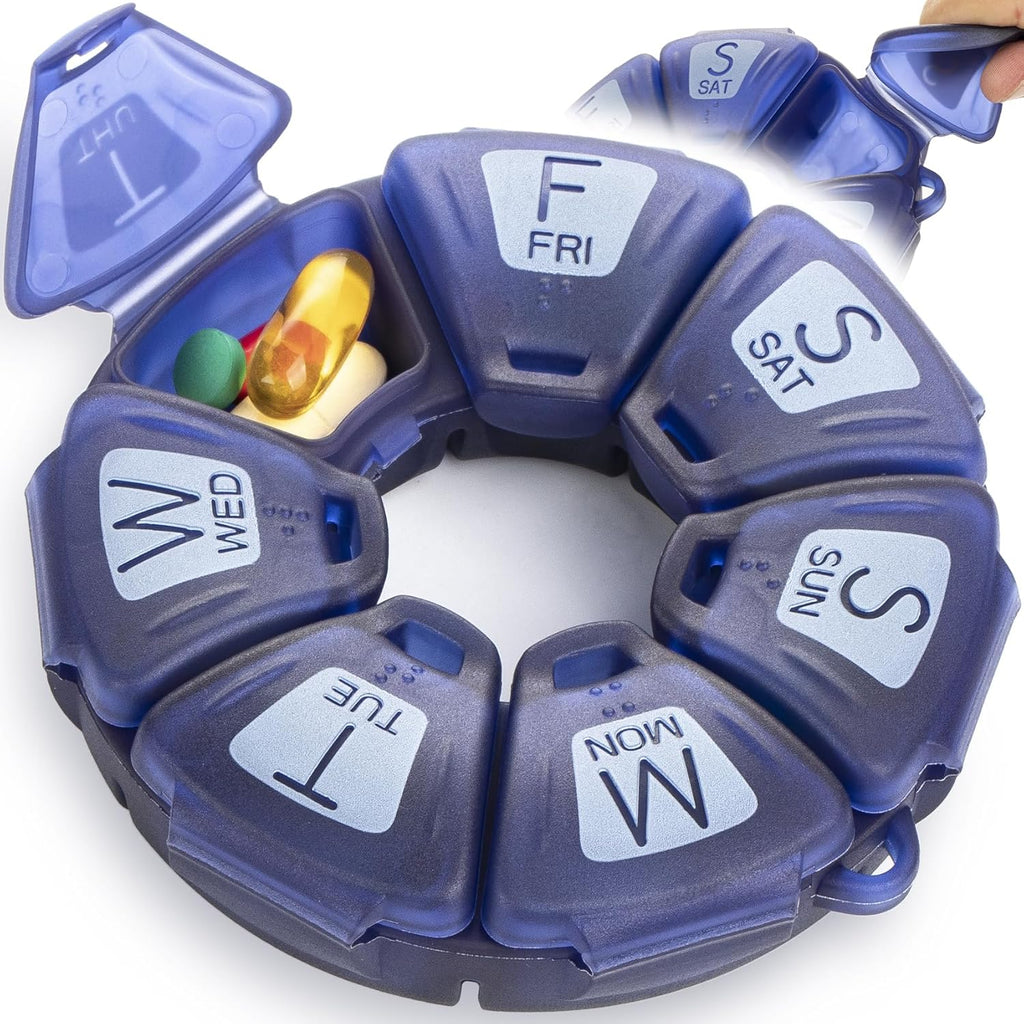 Round Weekly Pill Organizer, TPU Rubberized, Travel Pill Container 7 Day, with 7 Large Compartments, Great for Daily Vitamins & Supplements, Cute Pill Case with Large Letters and Braille (Blue)