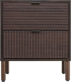 Sango Merk 2-Drawer Nightstand, Modern Walnut Bedside Table with Cylindrical Wood Legs, Vertical & Horizontal Groove Patterns, Discreet Metal Finger Pulls, Smart Storage for Office or Living Room