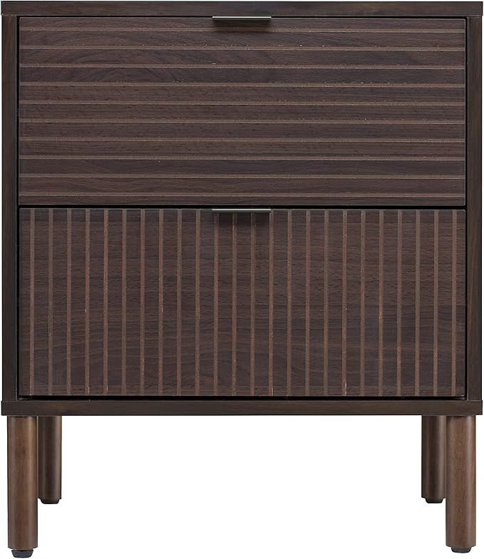 Sango Merk 2-Drawer Nightstand, Modern Walnut Bedside Table with Cylindrical Wood Legs, Vertical & Horizontal Groove Patterns, Discreet Metal Finger Pulls, Smart Storage for Office or Living Room