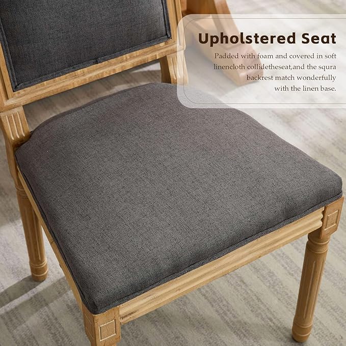 Upholstered Back Dining Chairs Set of 4, French Country Padded Kitchen Chairs, Rustic Solid Wood Farmhouse Chairs for Dining Room & Breakfast Nook, Dark Gray