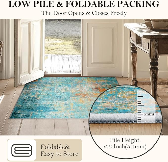 Washable Area Rugs 7'x9' Non-Slip Modern Abstract Soft for Living Room Entryway Bedroom Nursery, Print Pattern, Teal Blue Green Orange Rust Red Colorful