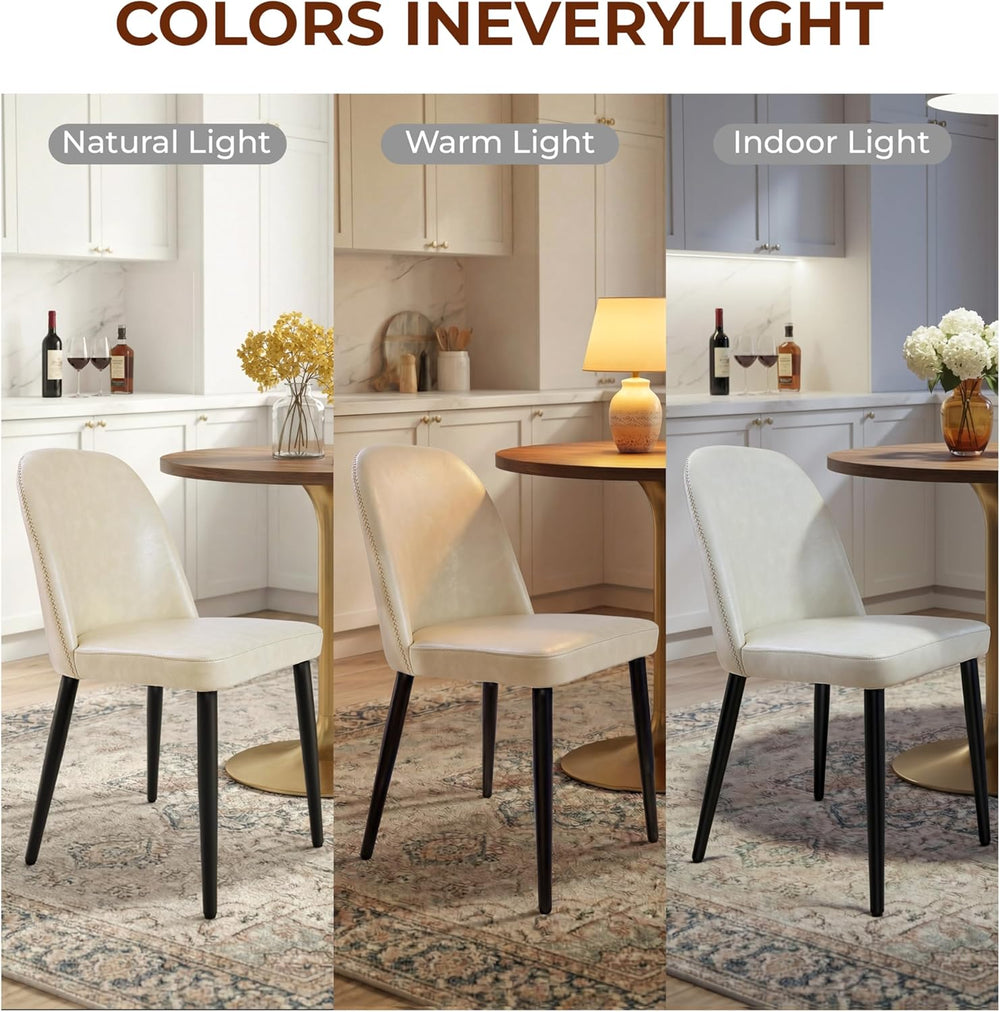 Set of 4 Mid-Century Modern Dining Chairs, Beige Faux Leather Upholstered Kit...