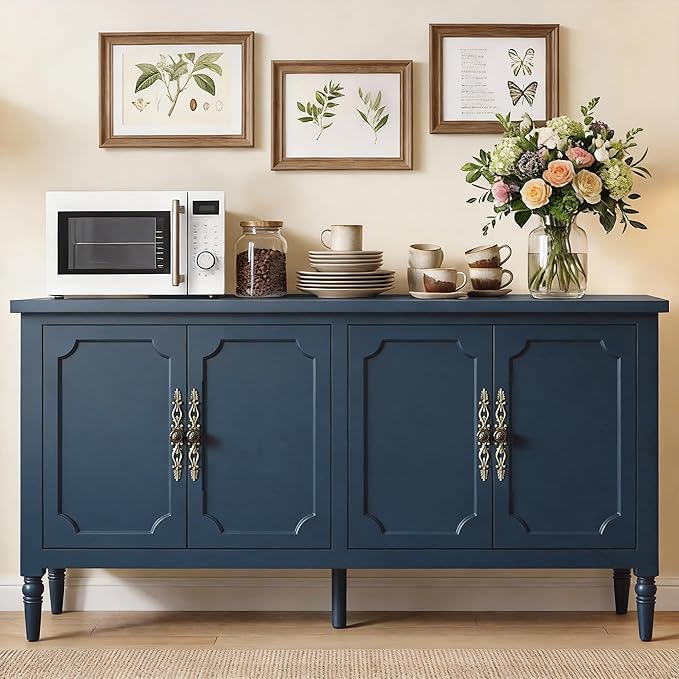 RoyalCraft 59" Buffet Cabinet with Storage, Vintage Sideboard with Adjustable Shelves & Carved Handle, Mid Century Modern Painted Credenza Coffee Bar for Kitchen, Dining Room, Navy Blue