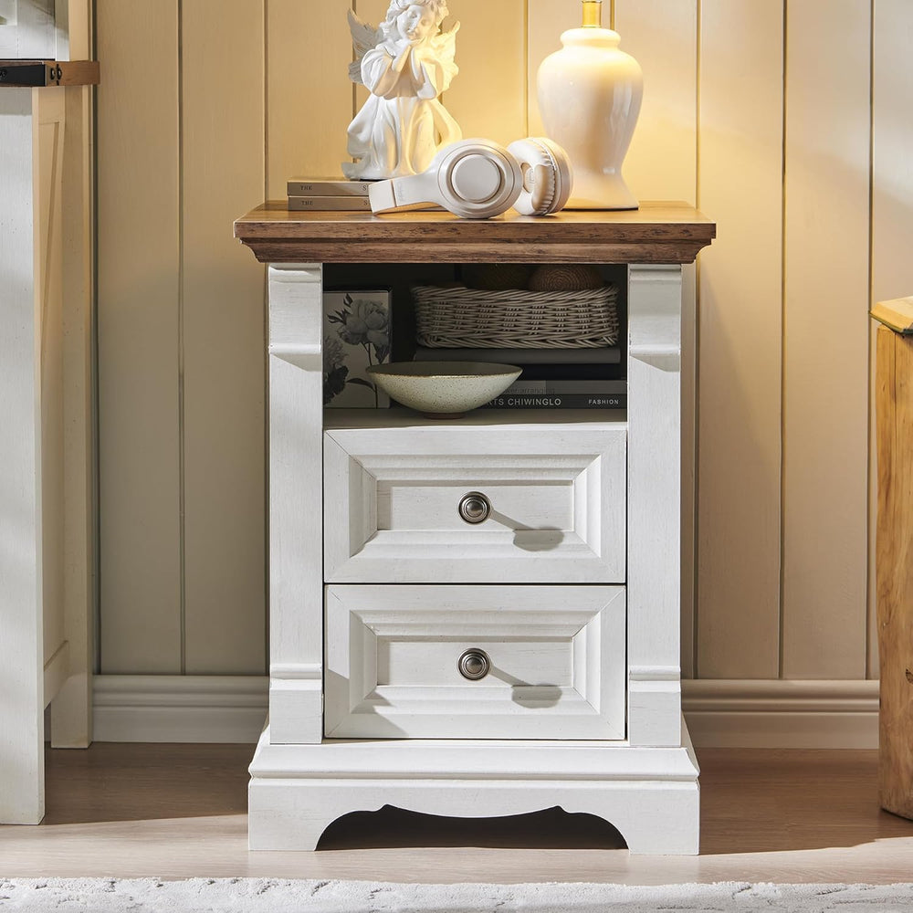 Farmhouse Nightstand with Charging Station 18"Wood End Table w/Roman Column