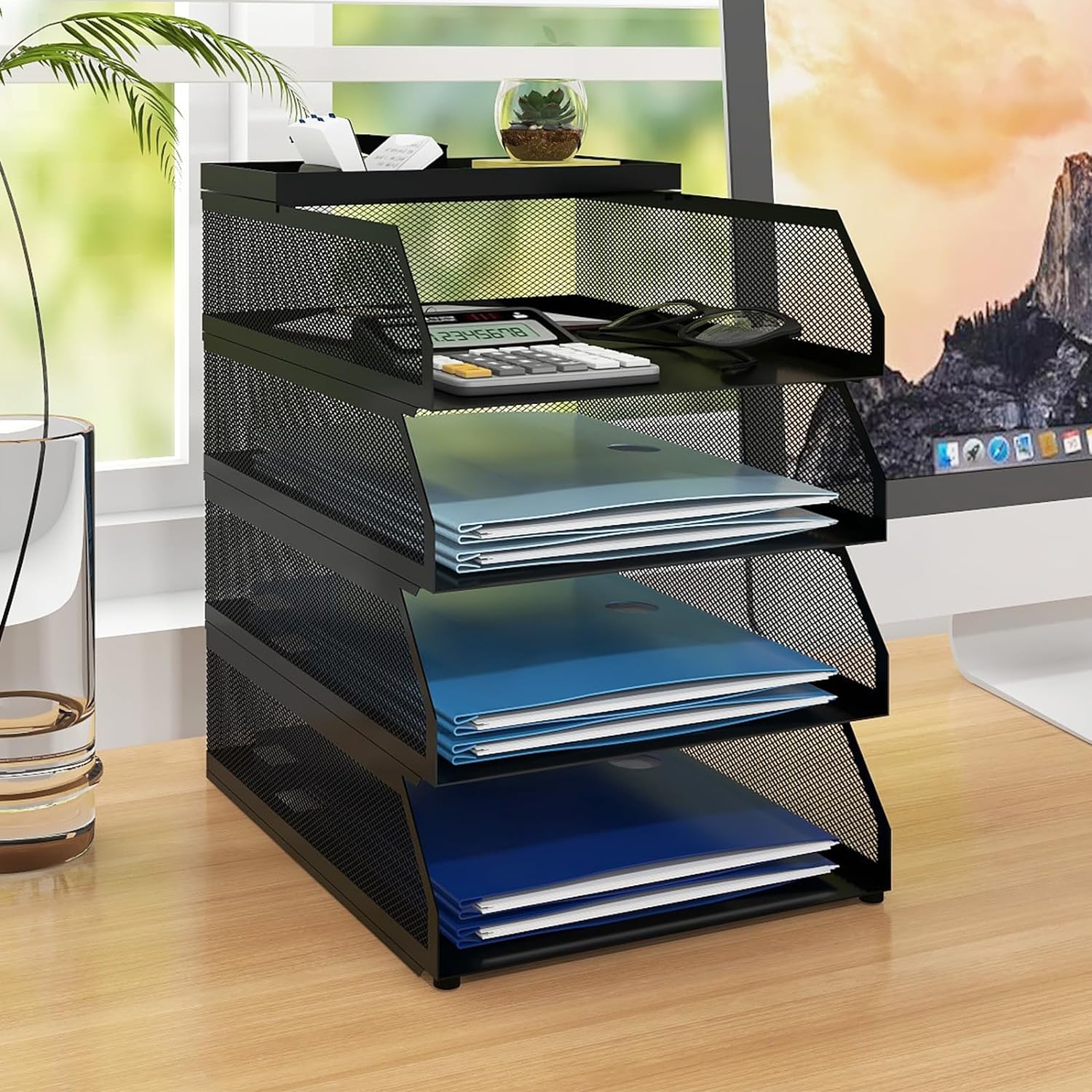 Natwind 4-Tier Desk Organizer,Stackable Paper Tray, Desk Accessories,Metal Mesh Desktop Organizer, Paper Sorter, Letter Trays,File Document Storage Rack for for Home, Office, School (Black)