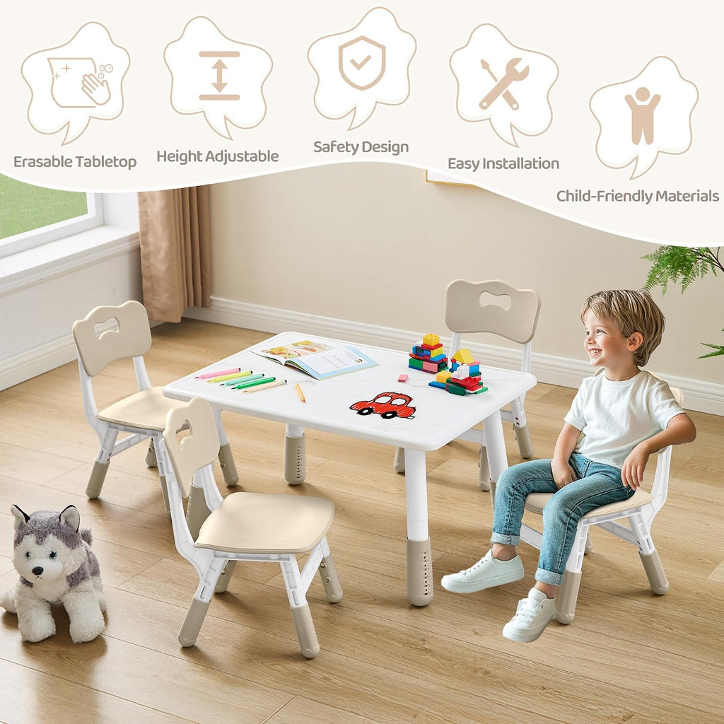 DOREROOM Toddler Table and 4 Chairs Set, Marble Top, No-Screw Legs, Natural | Graffiti Desktop, 31.5"L x 23.6"W, Frameless, Kids Ages 3-8, FSC-certified, Children Activity for Daycare, Classroom, Home