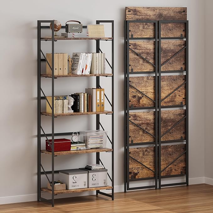 JSB No Assembly Folding Bookshelf, 5 Tier Industrial Metal Book Shelf for Sto...