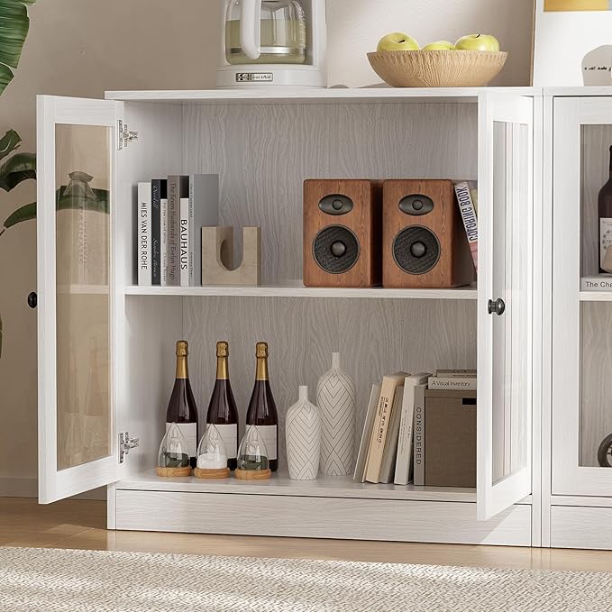 TUSY 71" Large TV Stand Set - TV Entertainment Center for TVs up to 65", Media Center with Tempered Glass Doors and Drawer, TV Hutch with Bookshelves for Living Room (White, BDDB)