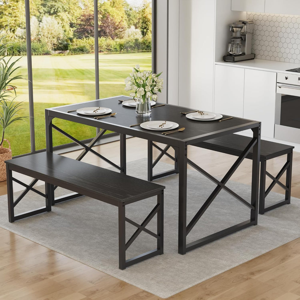 VECELO 55” Kitchen Dining Table Set for 4, Heavy-Duty Steel Frame & Wood-...