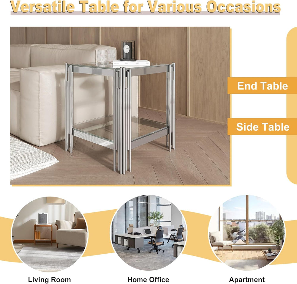 Square Glass End Table with Clear Tempered Glass Top & Silver Stainless S...