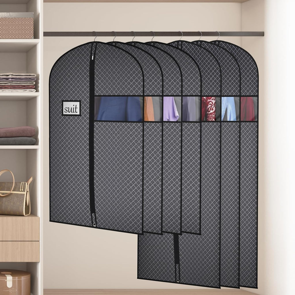 Univivi Suit Bags for Closet Storage and Travel, 40 Inch, 5 Pack, Black | Non-woven fabric, Breathable Suit Cover, Dustproof Hanging Storage Bag, Clear Window and ID Card Holder for Closet Storage
