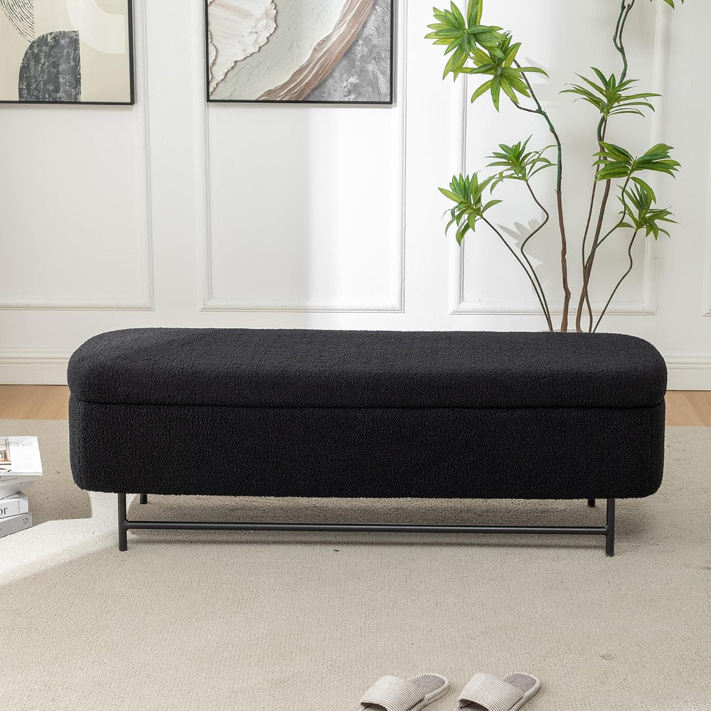 56" Boucle Storage Bench for Bedroom, Upholstered Teddy Ottoman Bench, M...