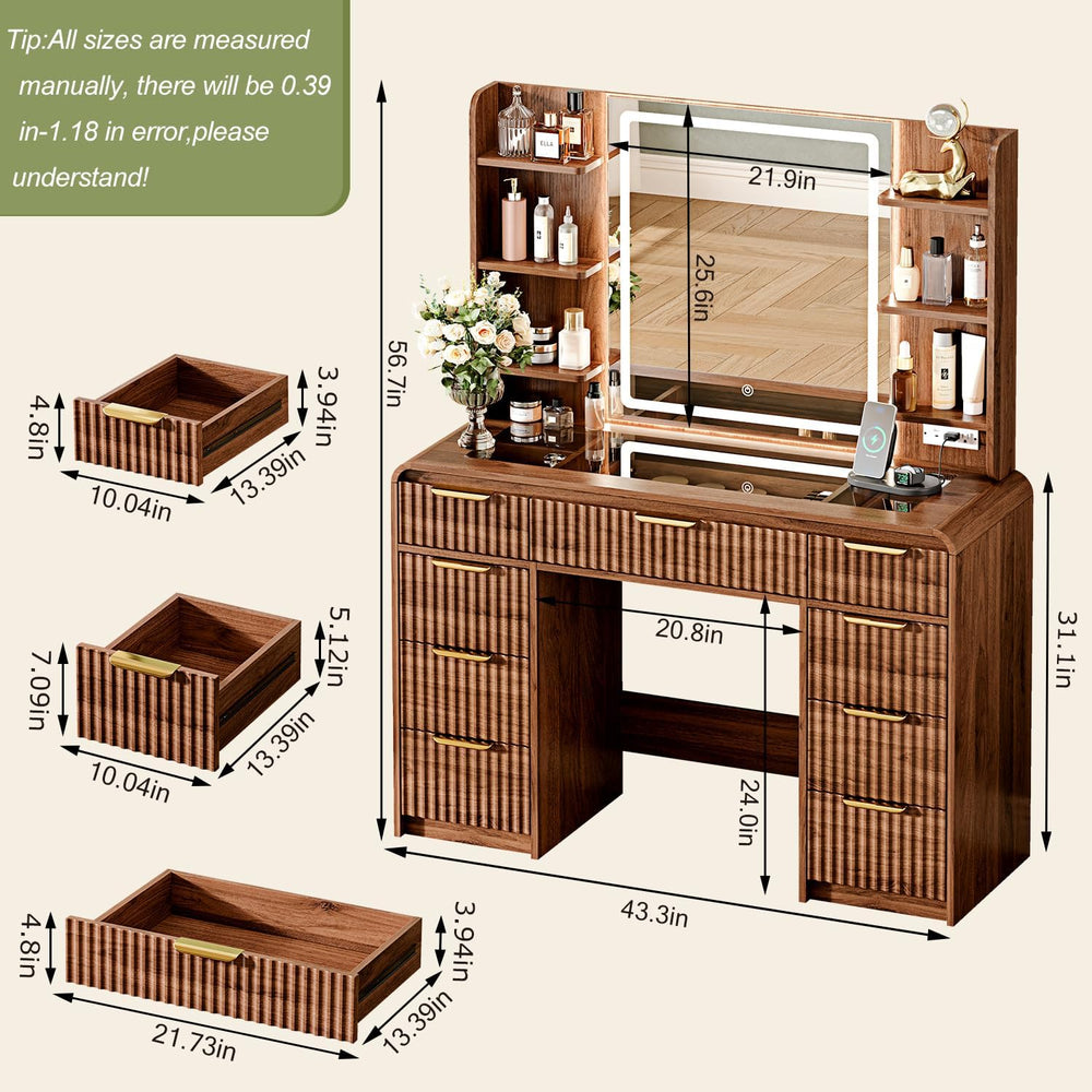 43" Makeup Vanity Desk with Mirror and Lights&Power Outl, 3 Adjustab...