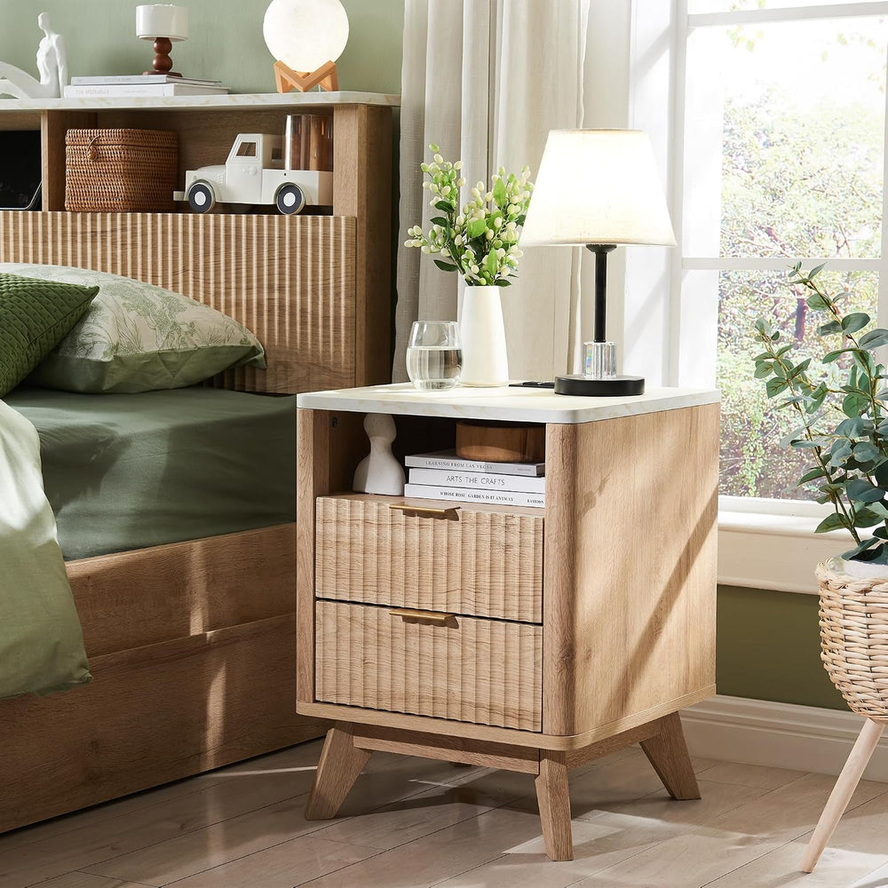 T4TREAM 18" Fluted Nightstand with 2 Drawers Set of 2, Natural Oak