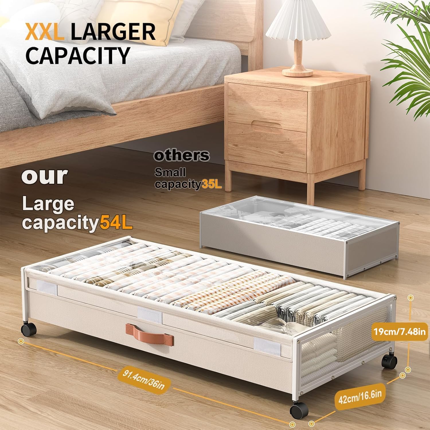 Under Bed Storage with Wheels, XXXL Larger Under Bed Storage Containers with Clear Lids, 36'' Lengthen Under Bed Shoe Organizer for Shoes Clothes(White 2 Pack, XXXL(36"x16.6"x7.48"))