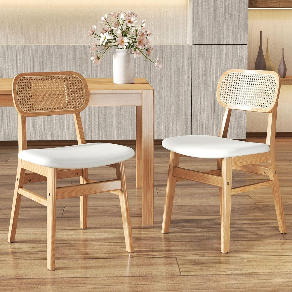 ROCITY Rattan Dining Chairs Set of 2 Beige Linen Fabric Dining Room Chairs Na...