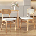Rattan Dining Chairs Set of 2 Beige Linen Fabric Dining Room Chairs Natural Wooden Kitchen Chairs Farmhouse Boho