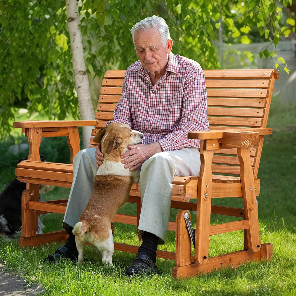 VINGLI Outdoor Glider Wood Patio Chair with Cup Holders, Outdoor Bench Glider...
