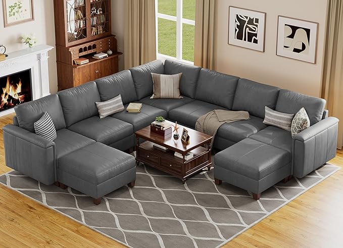 SITJOY 118" Faux Leather Modular Sectional Sofa with Storage, Mid Century Modern Sectional Couches for Living Room, Soft Padded Armrests, 9 Seat V-Shaped Sectional Couch, Gray