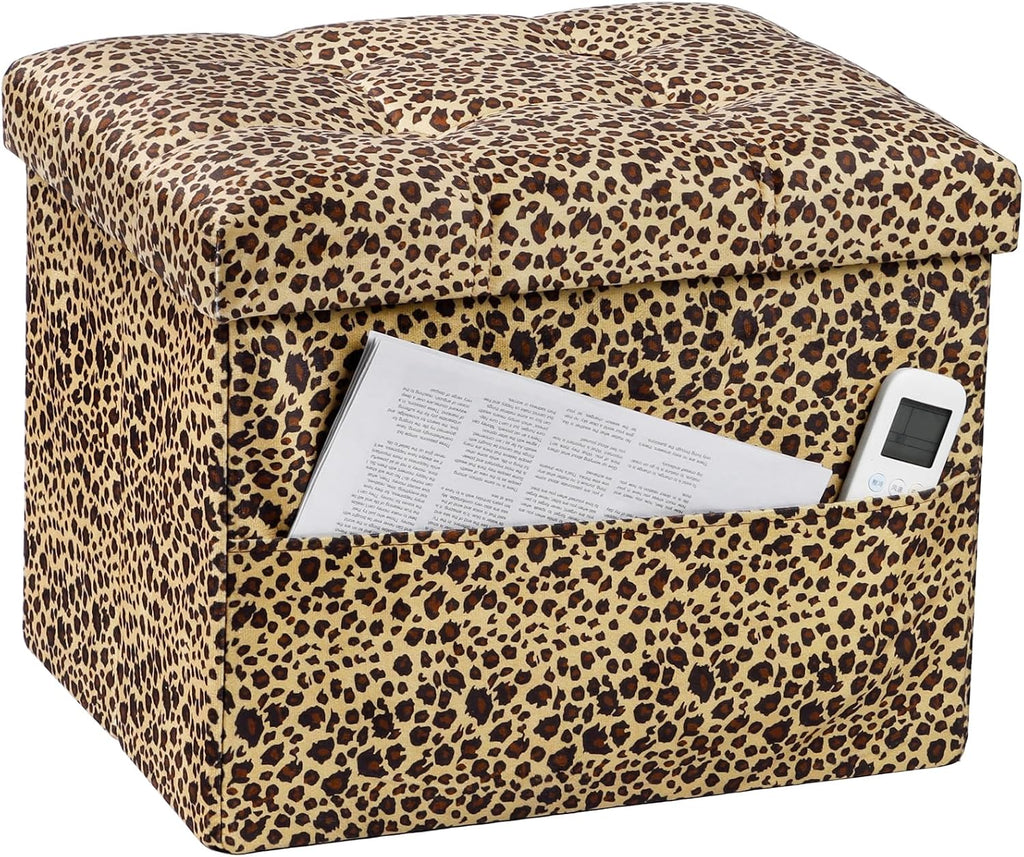Bsketa Storage Ottoman Bench, 17" Folding Velvet Foot Rest,Leopard Print | Small Ottoman with Side Pockets, Thicker Foam Padded Seat, Livingroom, Dorm, Bedroom, Easy to install, 43L,17x13x13in