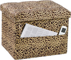 Bsketa Storage Ottoman Bench, 17" Folding Velvet Foot Rest,Leopard Print | Small Ottoman with Side Pockets, Thicker Foam Padded Seat, Livingroom, Dorm, Bedroom, Easy to install, 43L,17x13x13in