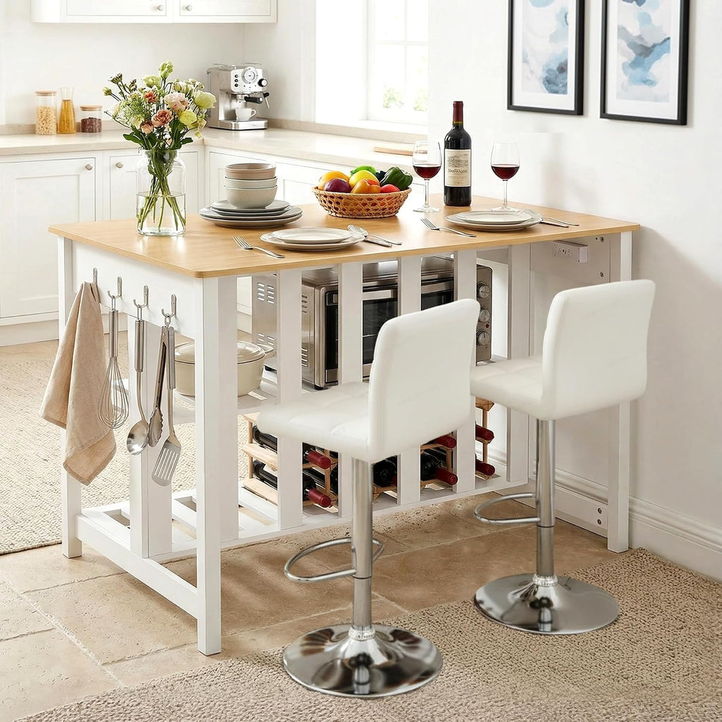 Grepatio Kitchen Island with Power Outlets, 47 Inches Width Kitchen Shelf with Large Worktop, Wooden Island Counter with Shelves, 2 Drawers, and 4 Hooks for Living Room, White and Natural