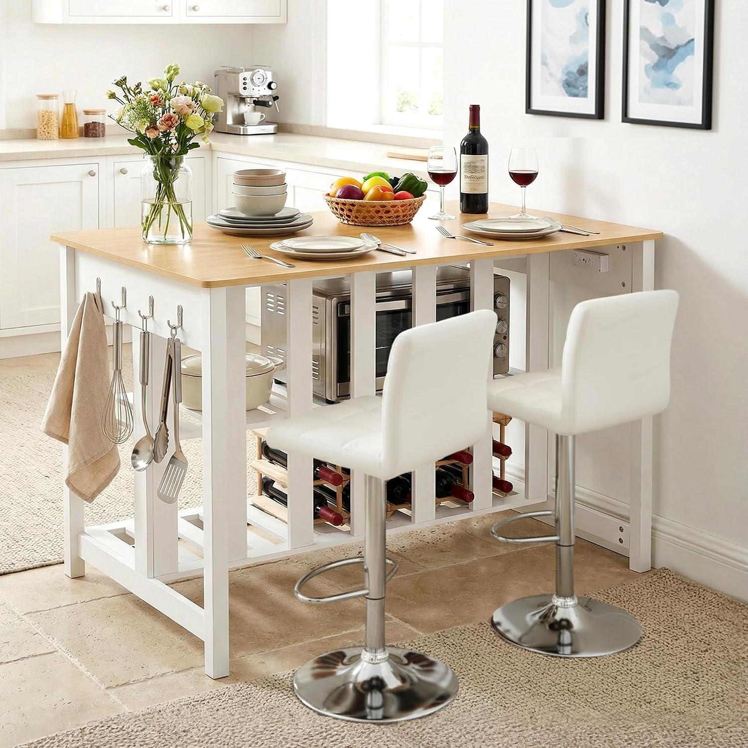 Grepatio Kitchen Island with Power Outlets, 47 Inches Width Kitchen Shelf with Large Worktop, Wooden Island Counter with Shelves, 2 Drawers, and 4 Hooks for Living Room, White and Natural