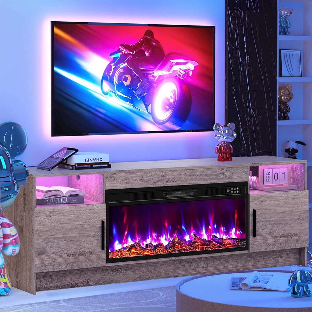 Kucreiheat TV Stand with Fireplace, Led Lights-Entertainment Center for Up to 80 inch TV-Modern TV Console for Living Room with Storage Cabinet, Faux Log Fireplace TV Stand, Oak Grey