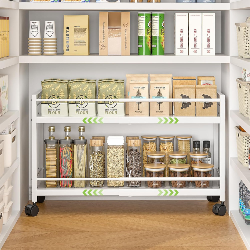 1 Pack 2-Tier Expandable Pantry Floor Organizer Cart, Rolling Pantry Storage ...