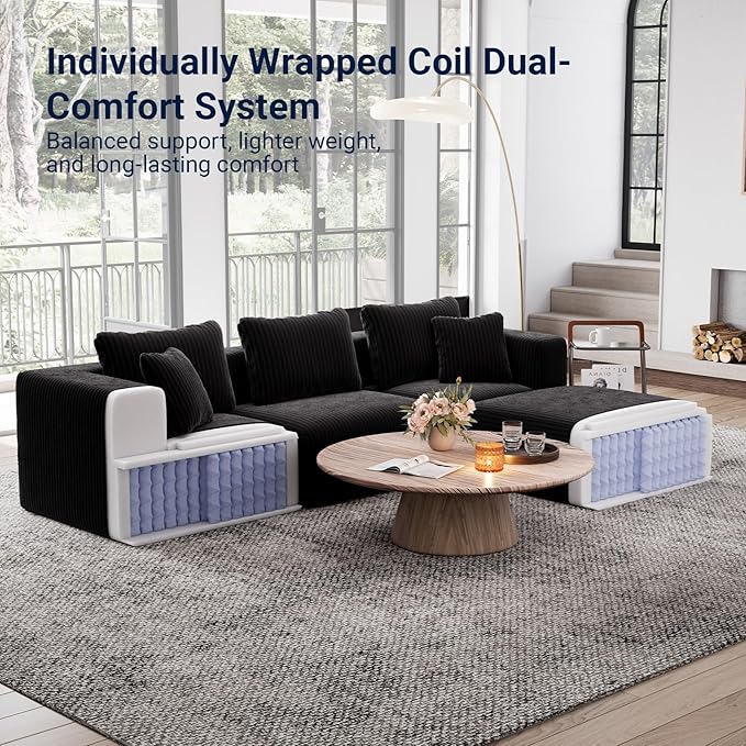 Avenco 106” L-Shaped Modular Sectional Sofa with Ottoman, Individually Wrapped Coil Support & Corduroy Fabric, Zero Assembly 4-Piece Set for Living Room, Black