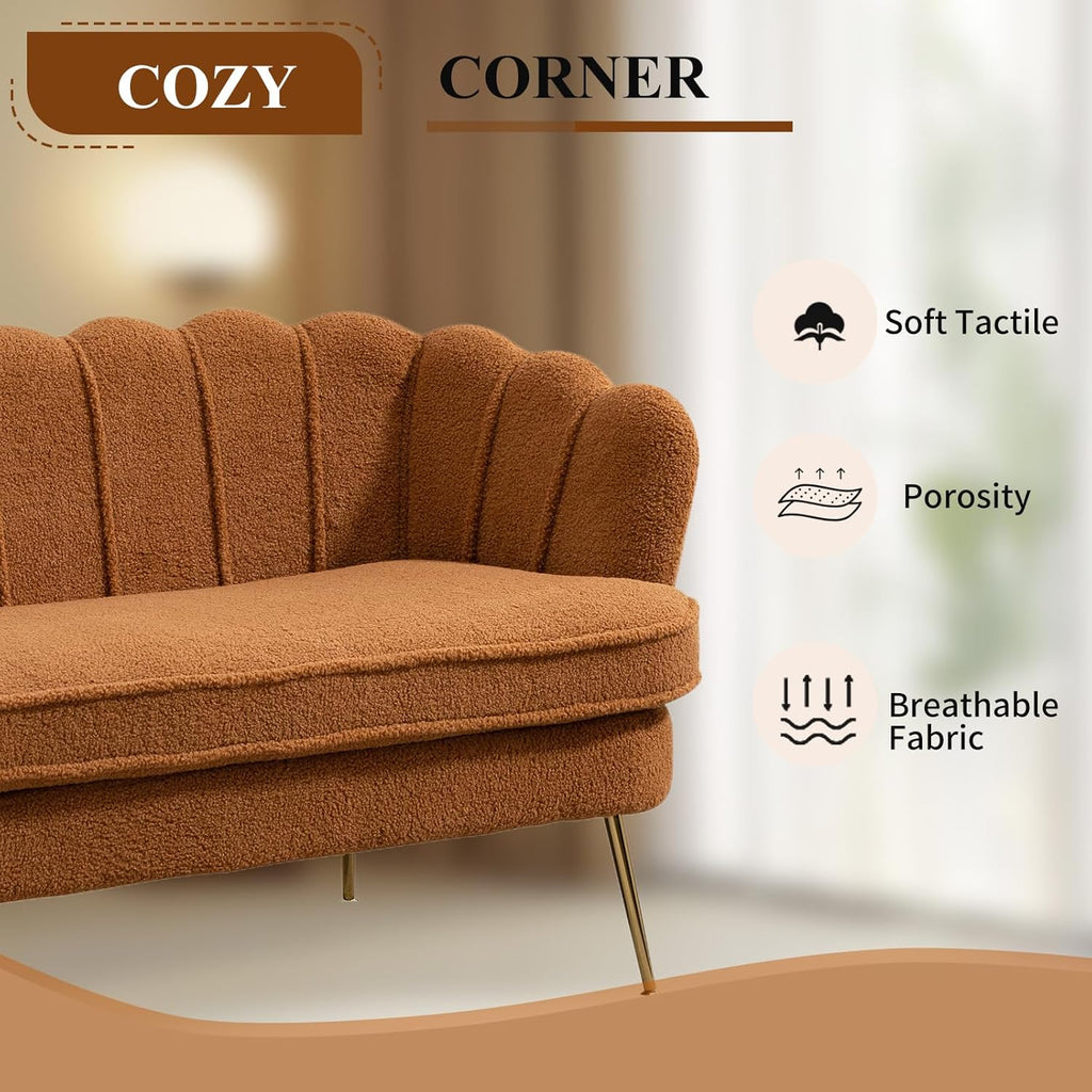 59" Wide Loveseat Sofa, Chenille Upholstered Small Couch | Petal-Shaped Design, Modern Leisure Sofa with Gold Metal Legs, 450LBS Solid Support, Mini Room Couch for Bedroom, Caramel