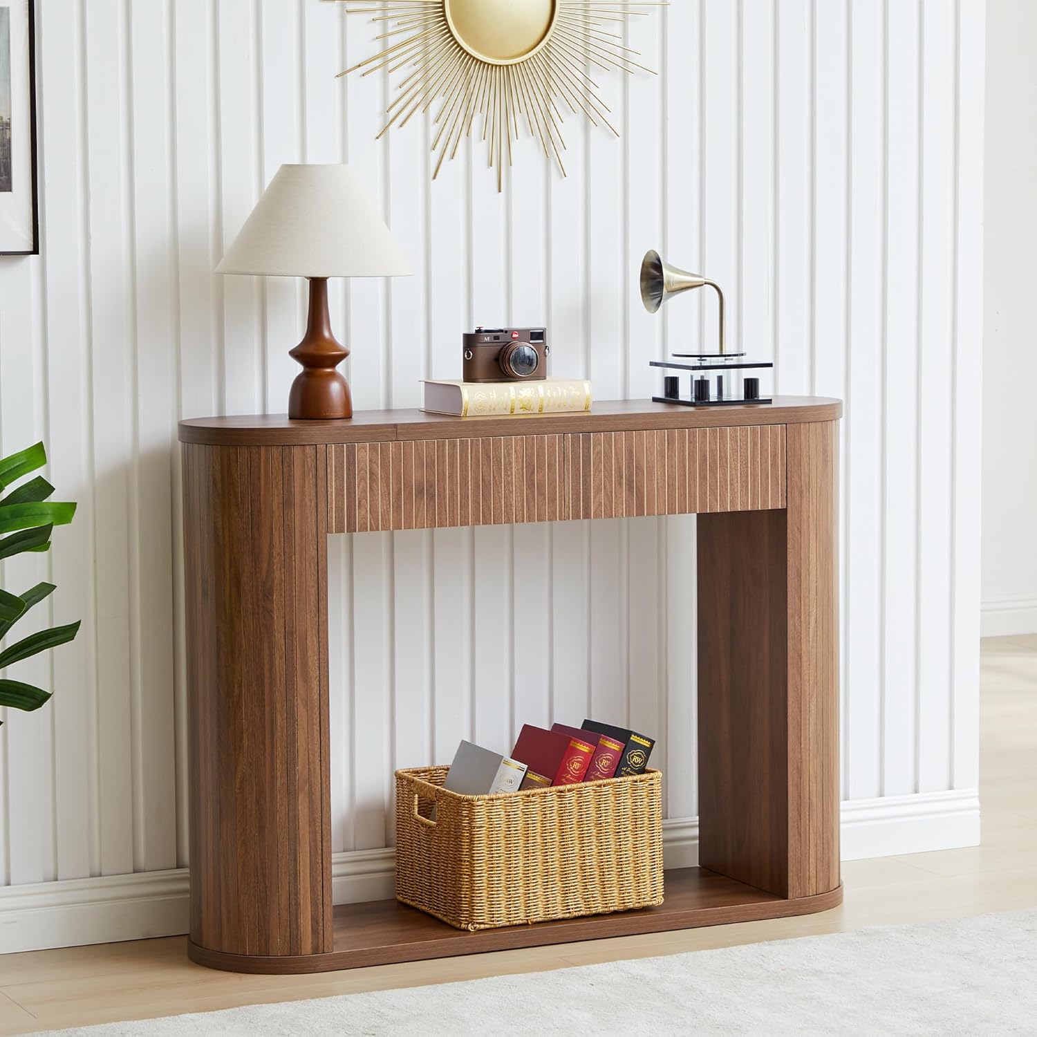 42.5” Console Table with 2 Drawers, Fluted Entryway Table with Rounded Corners, Rectangular Sofa Table Behind Couch for Living Room, Hallway, Foyer (Walnut)