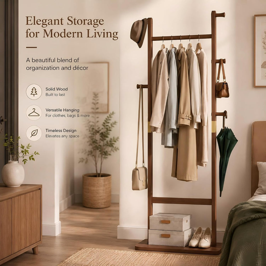 Solid Wood Coat Rack Freestanding, Clothing Rack with 5 Hooks & Bottom Shelf, Coat Rack Stand for Hanging Clothes, Wood Hall Tree Organizer for Entryway, Bedroom (Walnut Brown 23.6"W x 70.8"H)