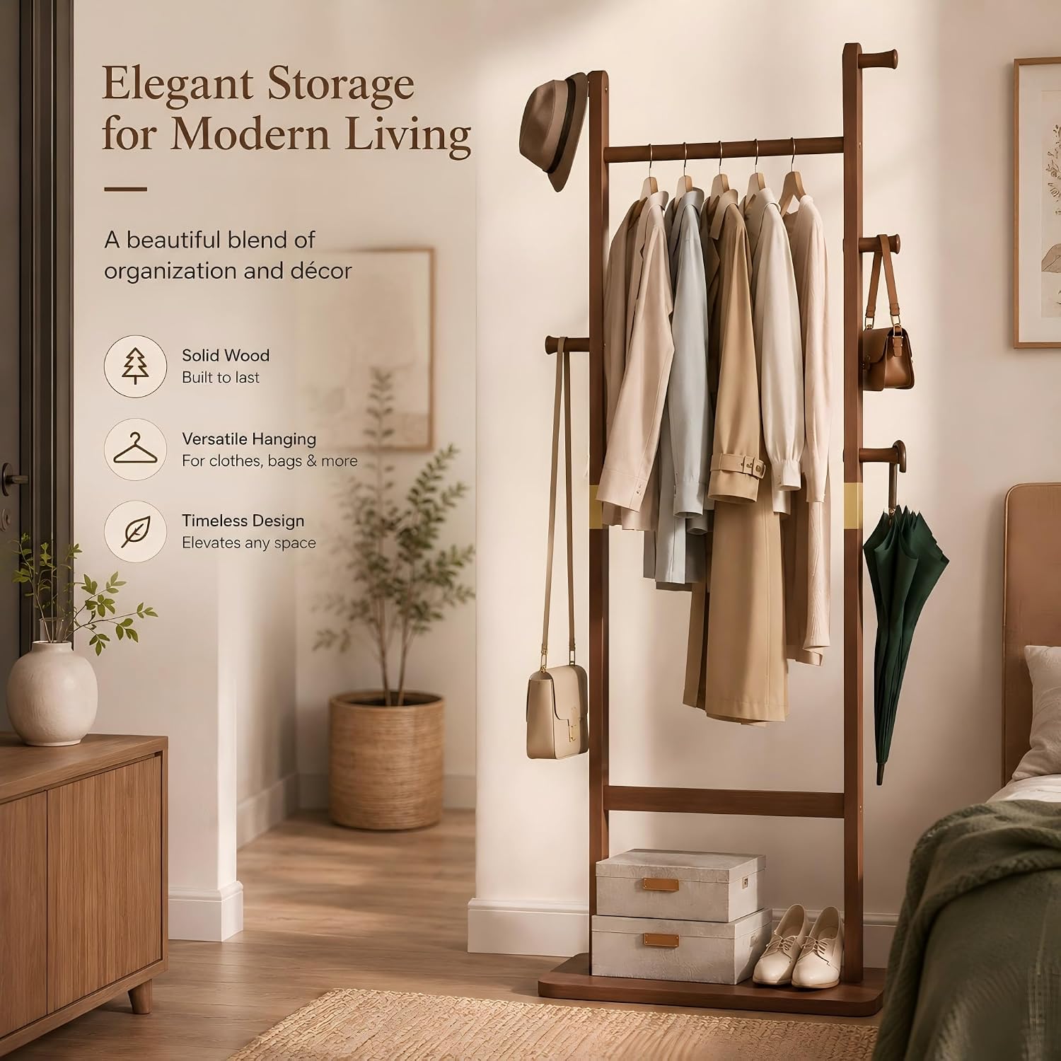 Solid Wood Coat Rack Freestanding, Clothing Rack with 5 Hooks & Bottom Shelf, Coat Rack Stand for Hanging Clothes, Wood Hall Tree Organizer for Entryway, Bedroom (Walnut Brown 23.6"W x 70.8"H)